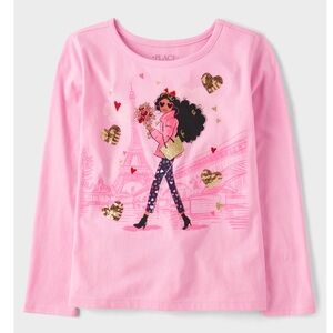 Pink long-sleeved girls' graphic t-shirt from The Children's Place.